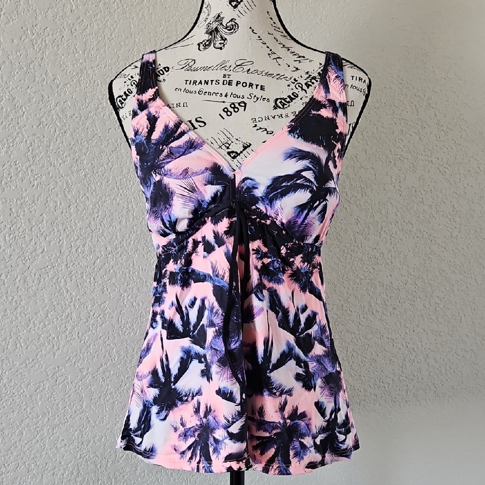 Pink and Purple Padded Sunset Palm Print Bikini Top With Black Cinch Front Tie